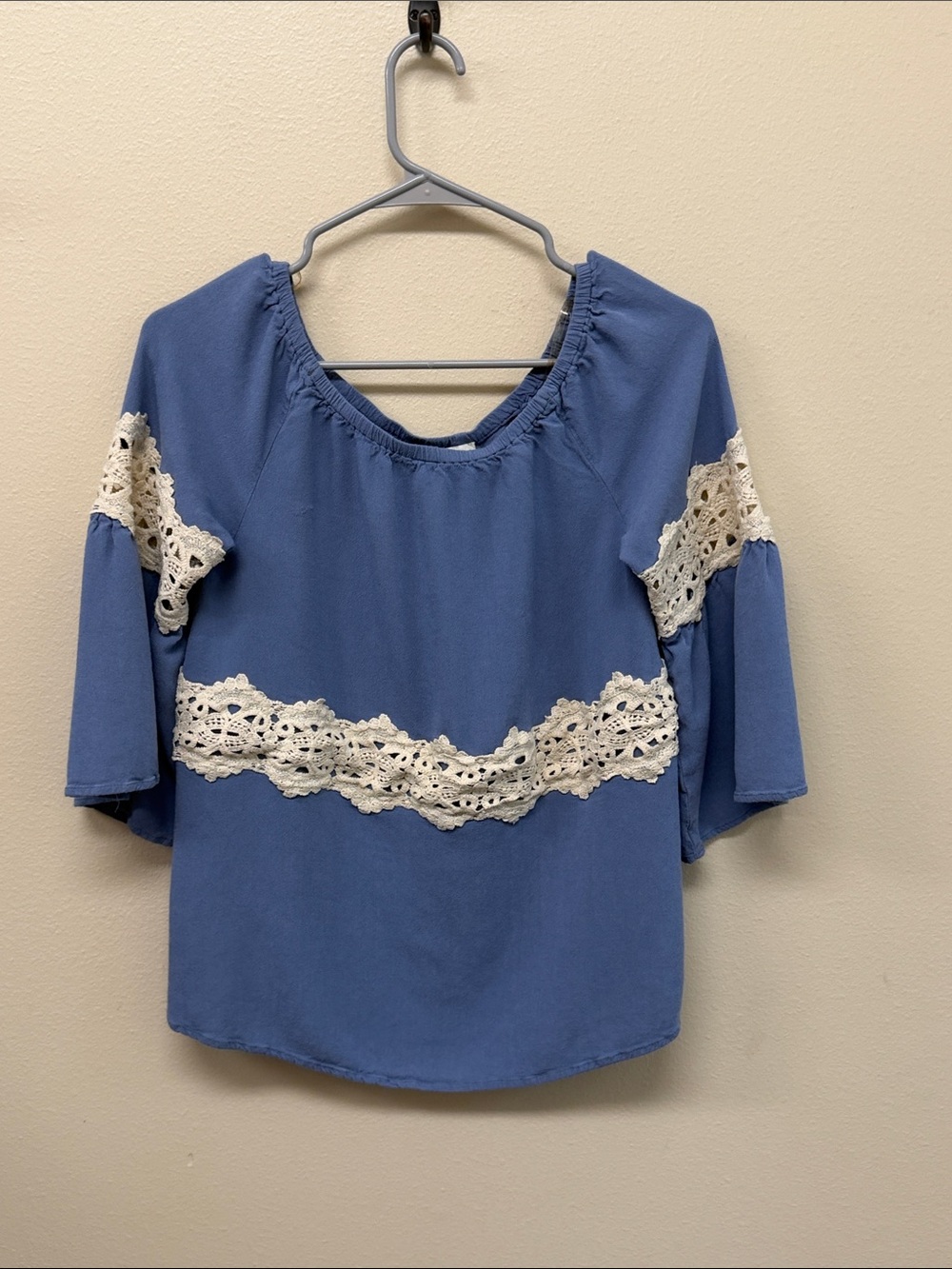 Umgee Blue Blouse with Cream Crochet Trim